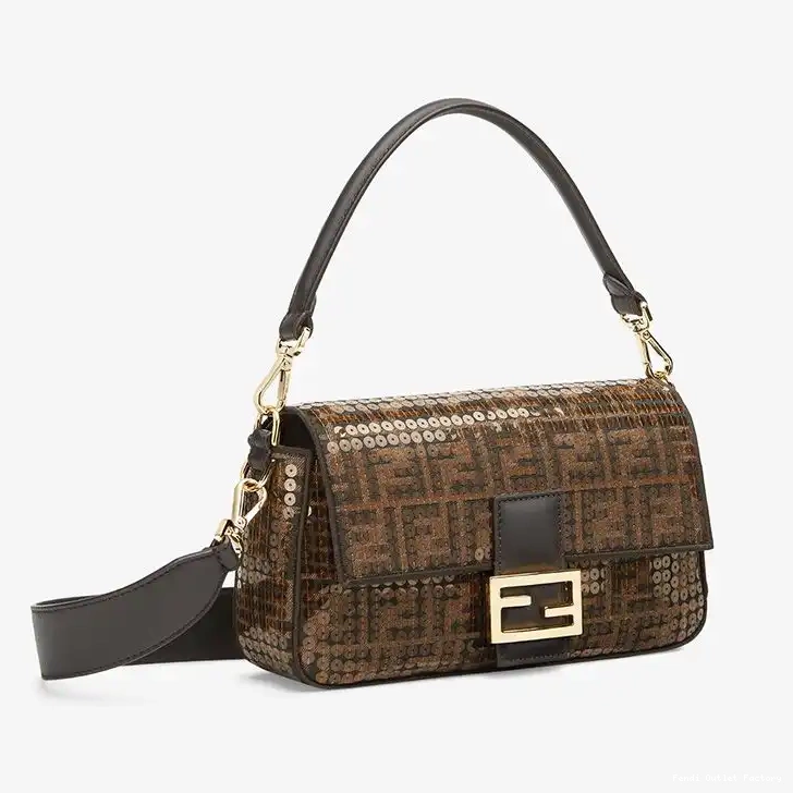 Vintage HOT Bag In with Fabric Brown FF Baguette Fendi Motif Sequins Medium 0521